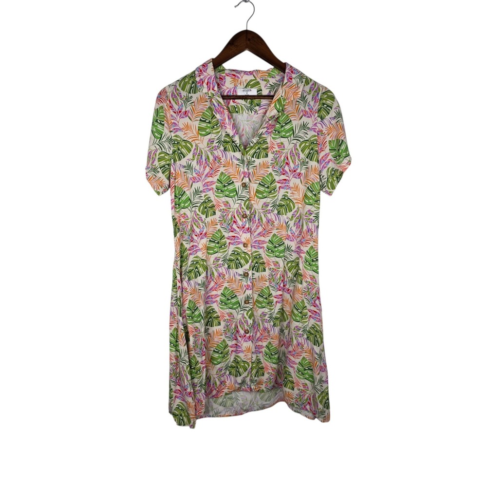 UNTUCKit Julie Shirt Dress Womens 8 Green Tropical Botanical Summer Resort Wear